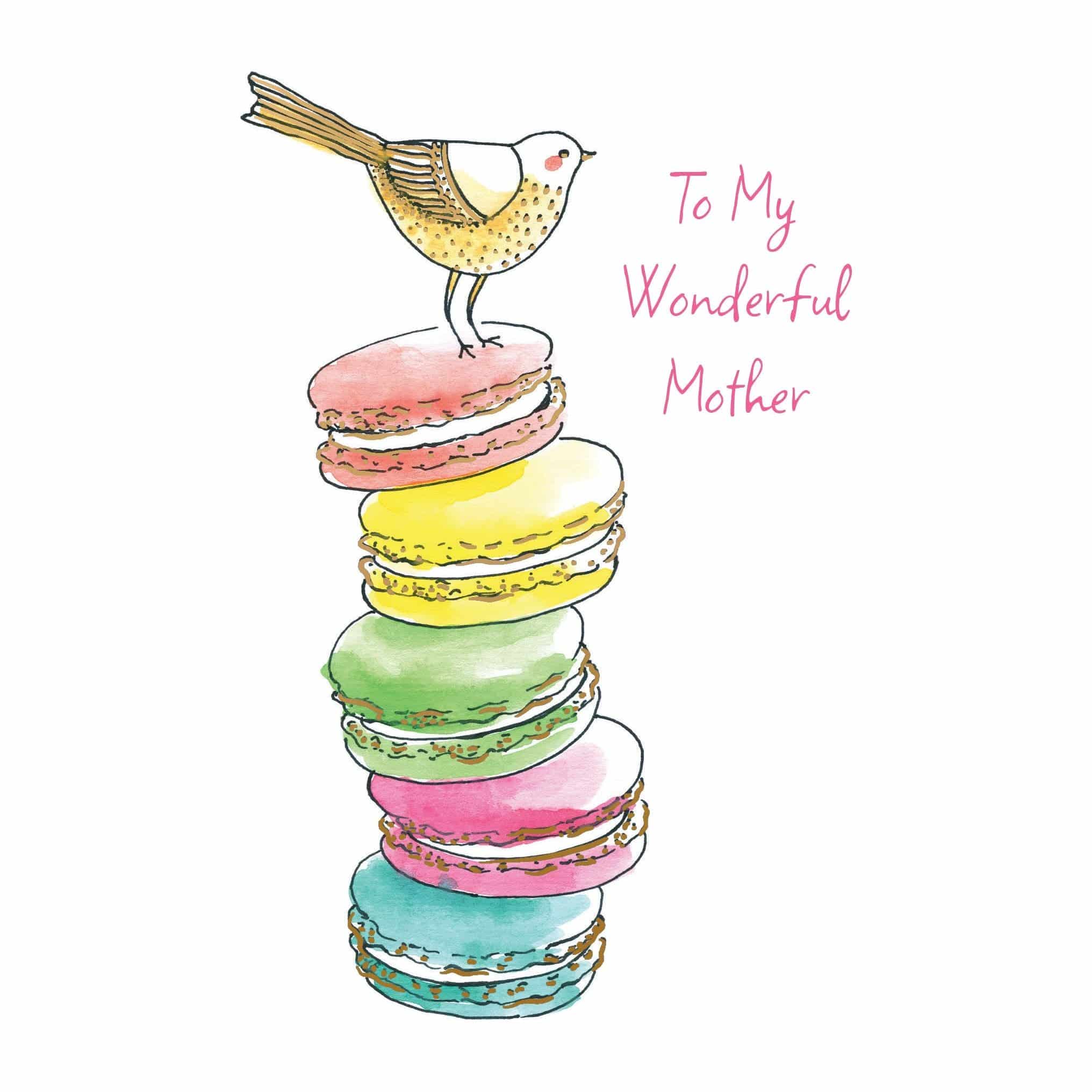 Bird on macarons birthday card by Pictura featuring a colorful bird perched on a stack of macarons, suitable for birthday greetings.